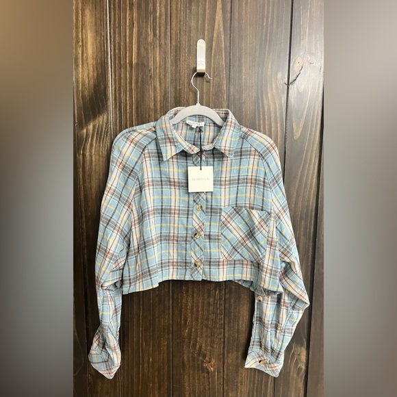 Mimosa Tops - Plaid Oversized Cropped Button-Down Shirt-NWT-Mimosa-Size: Small